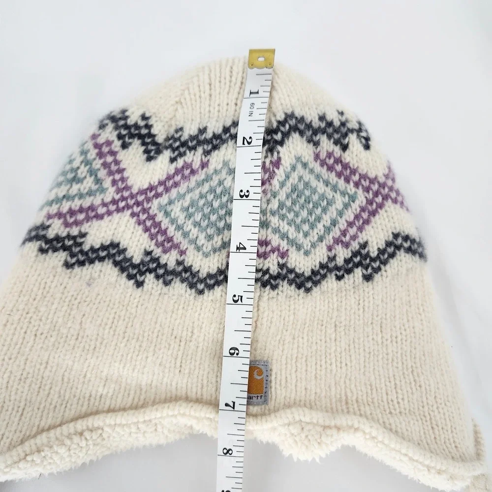 Carhartt Womens Picket Sherpa Lined Knit Earflap Hat Cream Fair Isle Lambswool